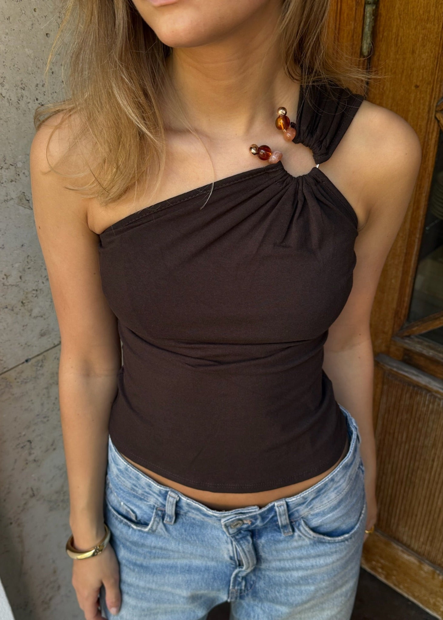 Alissa One Shoulder Top - Mørkebrun - ByStenholt.dk