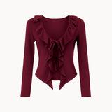 Ruffle Tie Bluse - Bordeaux