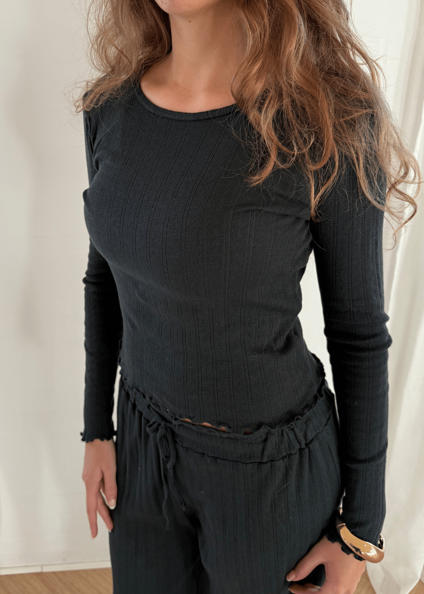 Loungewear Bluse i Pointelle - Sort - ByStenholt.dk