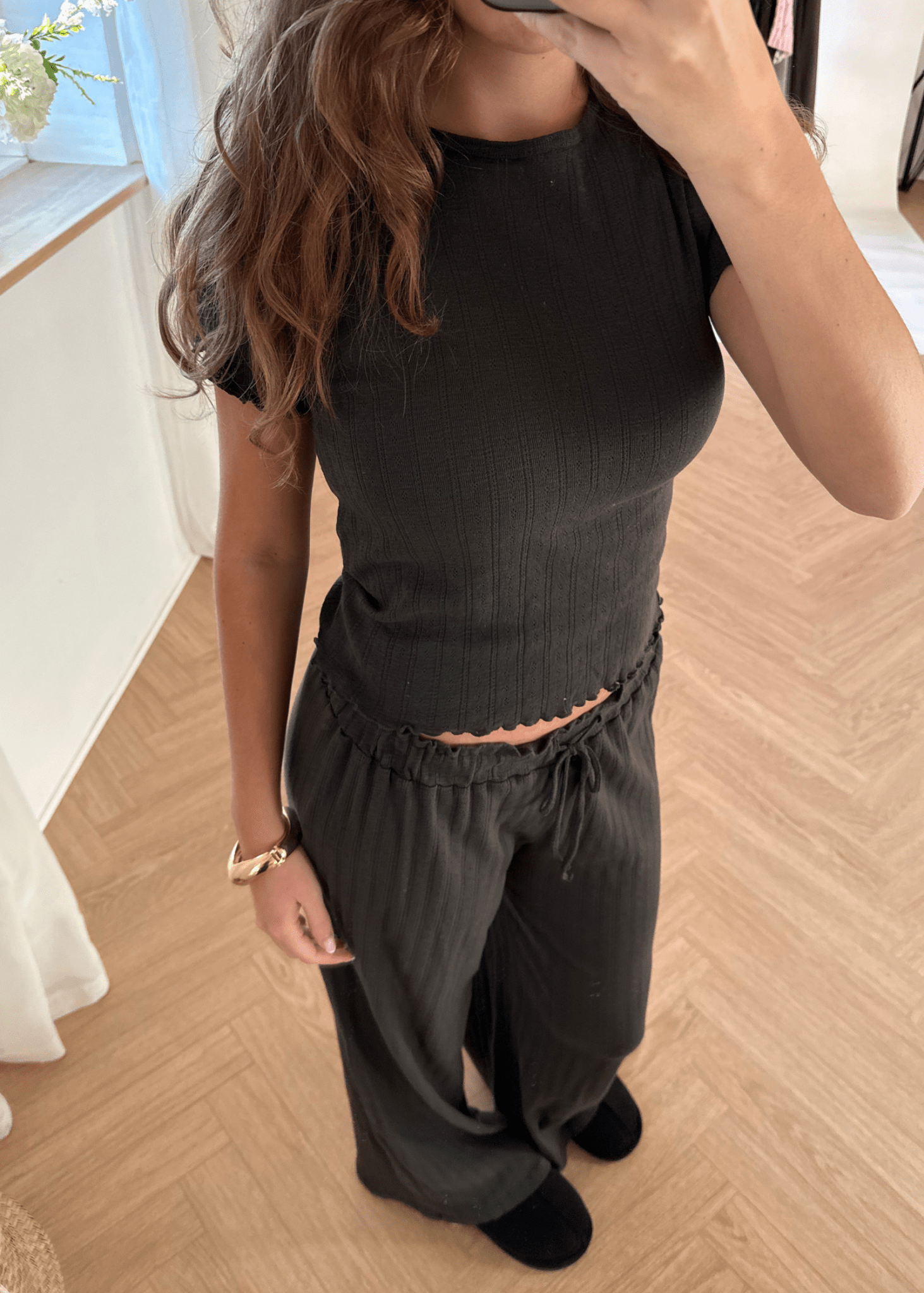 Loungewear T-shirt i Pointelle - Mørkebrun - ByStenholt.dk